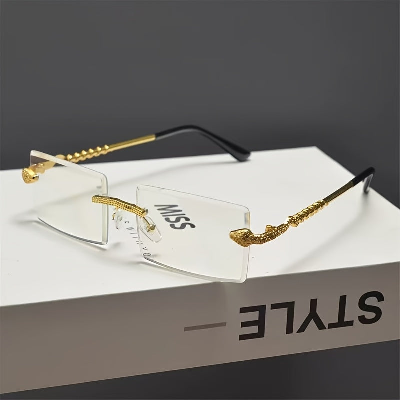 1 Pair Men's Frameless Rectangular Fashion Glasses with Golden Snake-Light Beige Metal Temples - Wide Fit (>139mm), Decorative Lens, Casual Fashion Accessories for Halloween/Christmas/Mother’s Day, Trendy Eyewear, Snake Pat