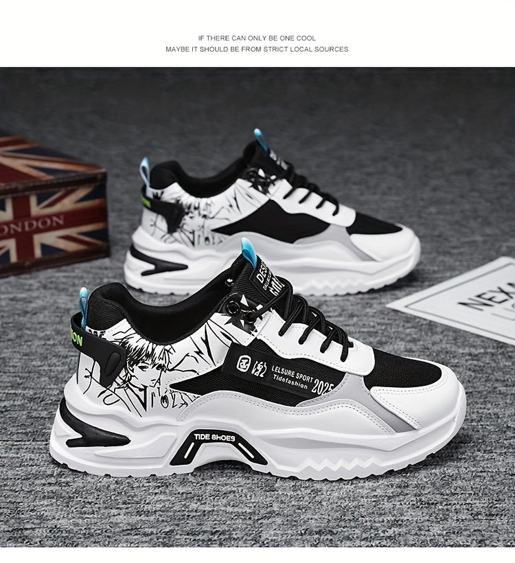 Men's Stylish Platform Sneakers with Wave Pattern - Comfortable, Non-Slip & Durable for Outdoor, Campus Walks & Travel | Lace-Up, Breathable Design, for Autumn, Spring