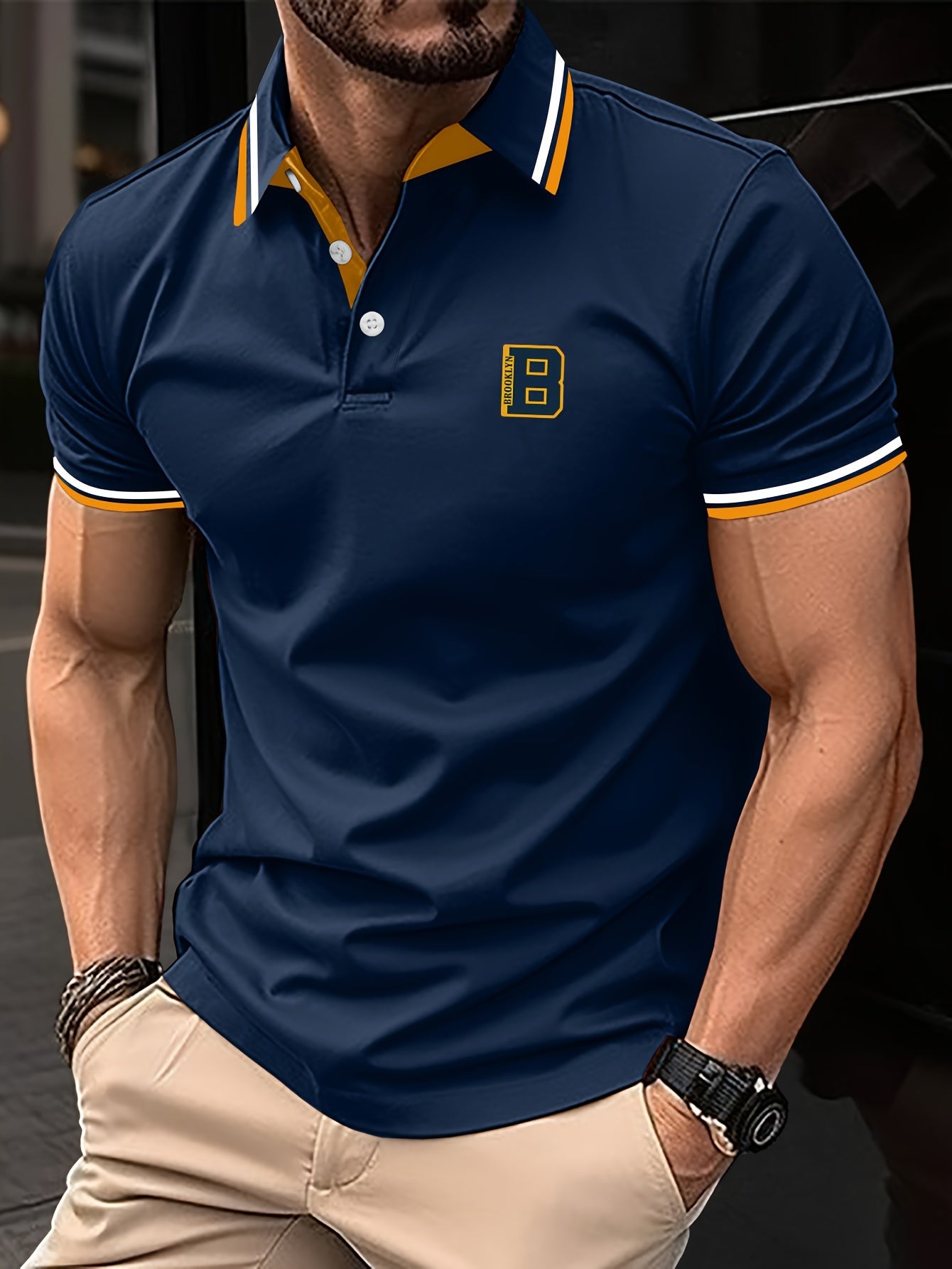 Men's Trendy Simple Letter Print Color Block Short Sleeve Button Up Lapel Shirt For Summer Daily, Golf Shirt