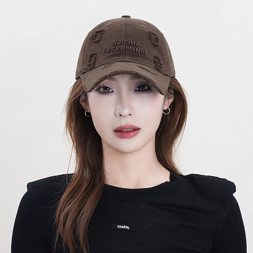 Women's Distressed Embroidered Baseball Cap - Adjustable Lightweight Sun Hat with Wide Brim for Outdoor Travel, Casual Outings & Daily Use, Machine Washable, Outdoor Headwear, Trendy Baseball Cap, Rustic Appeal, Summer Access