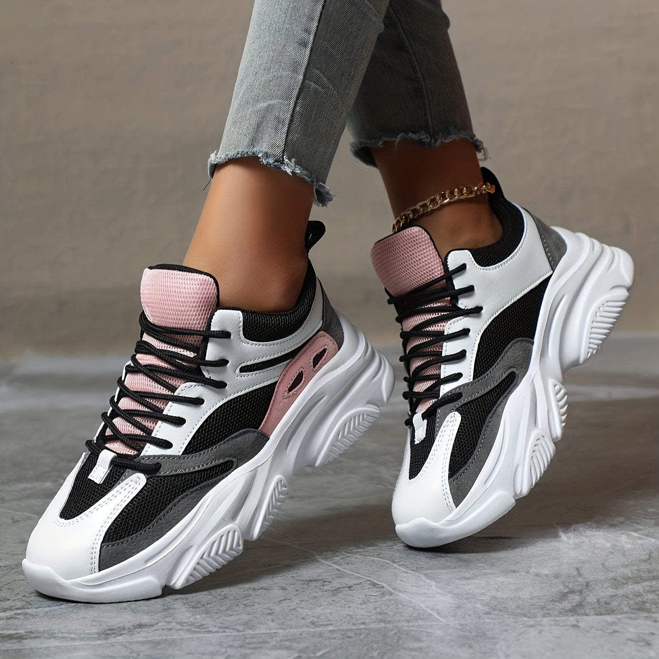 Thick Sole Shock Absorption Chunky Sneakers, Mesh Breathable Lightweight Lace Up Running Shoes, Low Cut Wear Resistance Sport Shoes