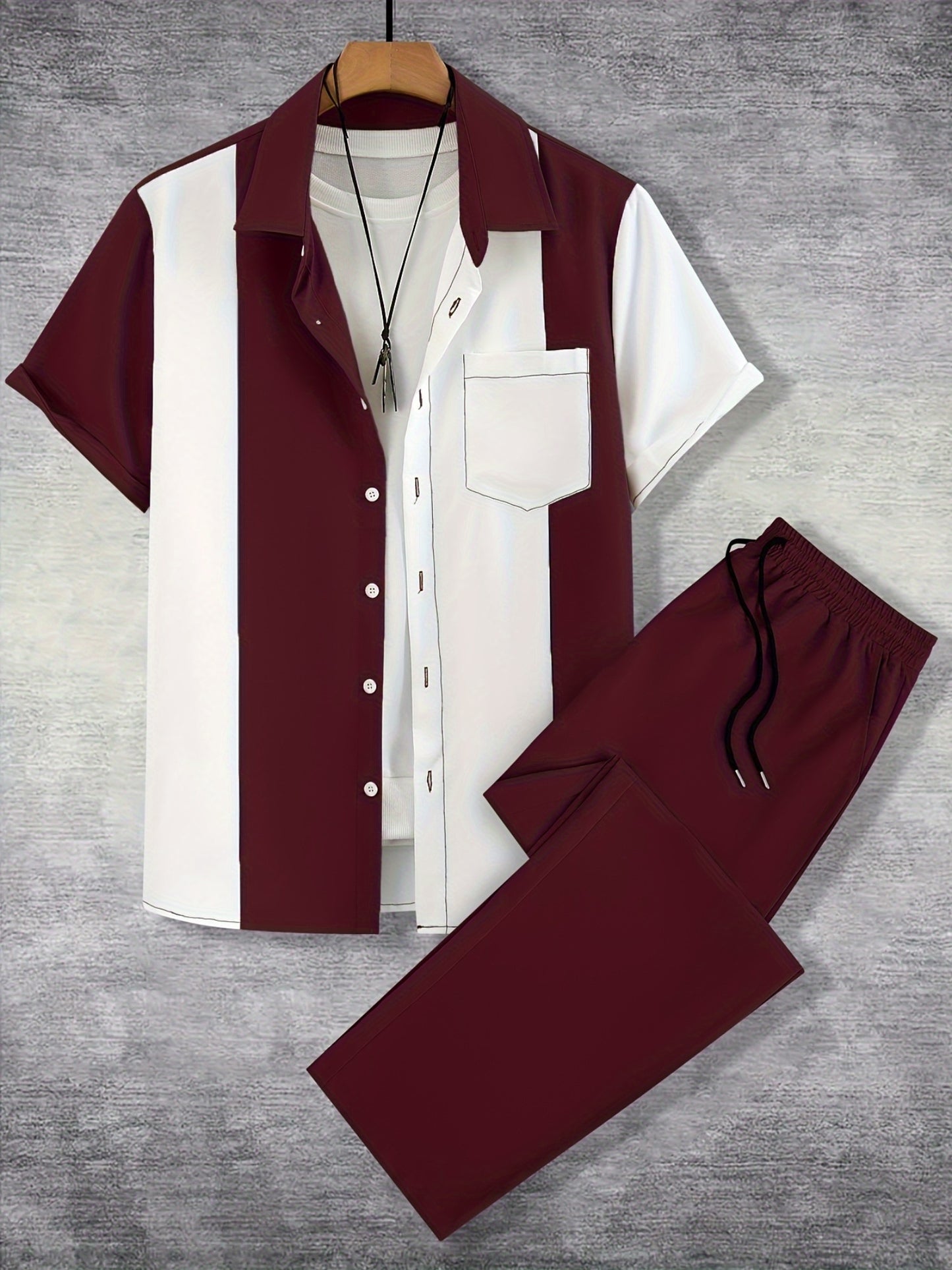 Men'S Casual Two-Piece Spring/Summer Color Block Short Sleeve Shirt and Pants Set - Polyester, Regular Fit, Button-Up with Pocket, No Belt, All-Season Wear, Casual Attire|Casual Style|Polyester Fabric
