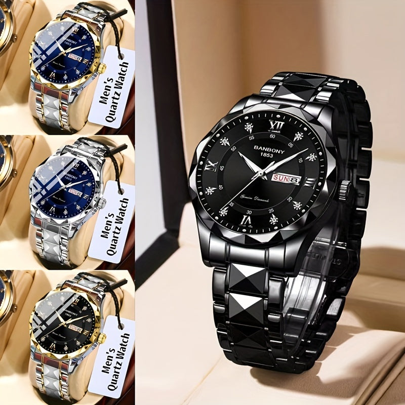 1pc Stainless Steel Strap Men'S Roman Numerals Dial Rhinestones Multifunctional Watch, Ideal for Birthday, Holiday Gifts Valentine'S Day