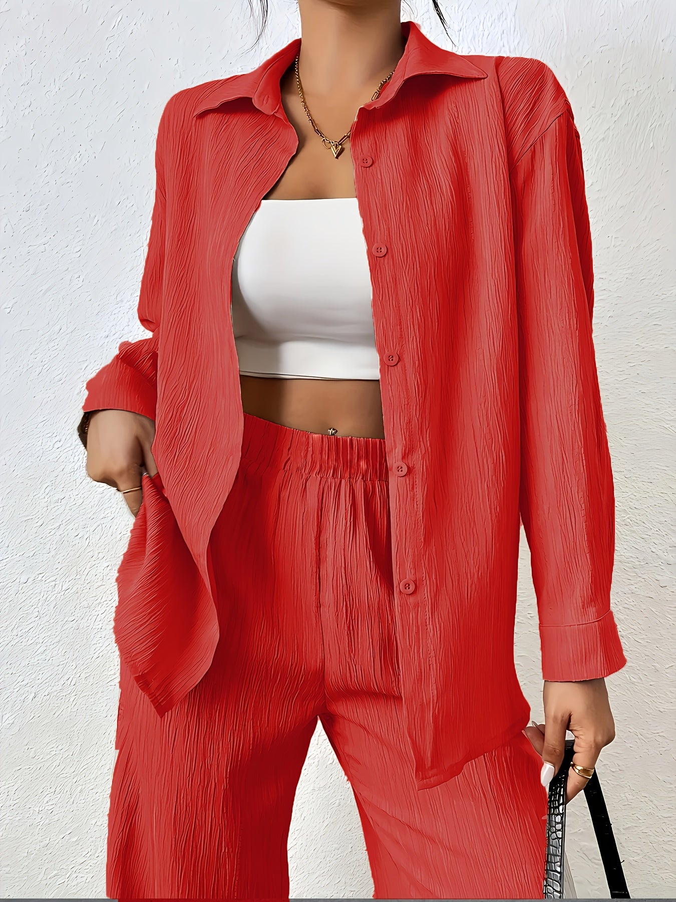 Women'S Casual Solid Color Long Sleeve Shirt + Long Pants 2pcs Set for Spring And Autumn.