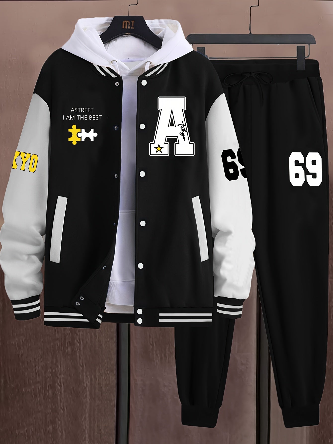 Athleisure Essential, Men's Casual 69pcs Set: Color Block Varsity Jacket & Joggers with A-69 Print - Polyester, Baseball Collar, Pockets - Perfect for Fall/Winter