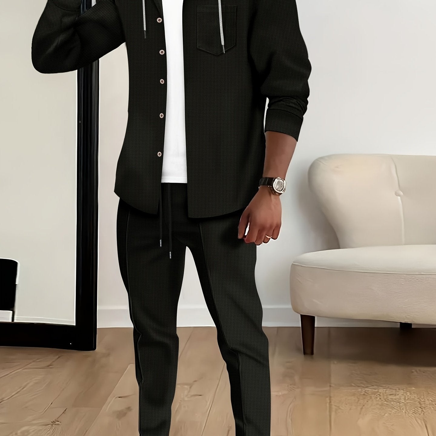 New Long Sleeve Buttoned Hooded Jacket and Rope Pants Set for Spring and Autumn, Waffle Solid Classic Men's Sports 2pcs Sports Suit - Sports Suit for Outdoor Sports Enthusiasts, Breathable and Comfortable