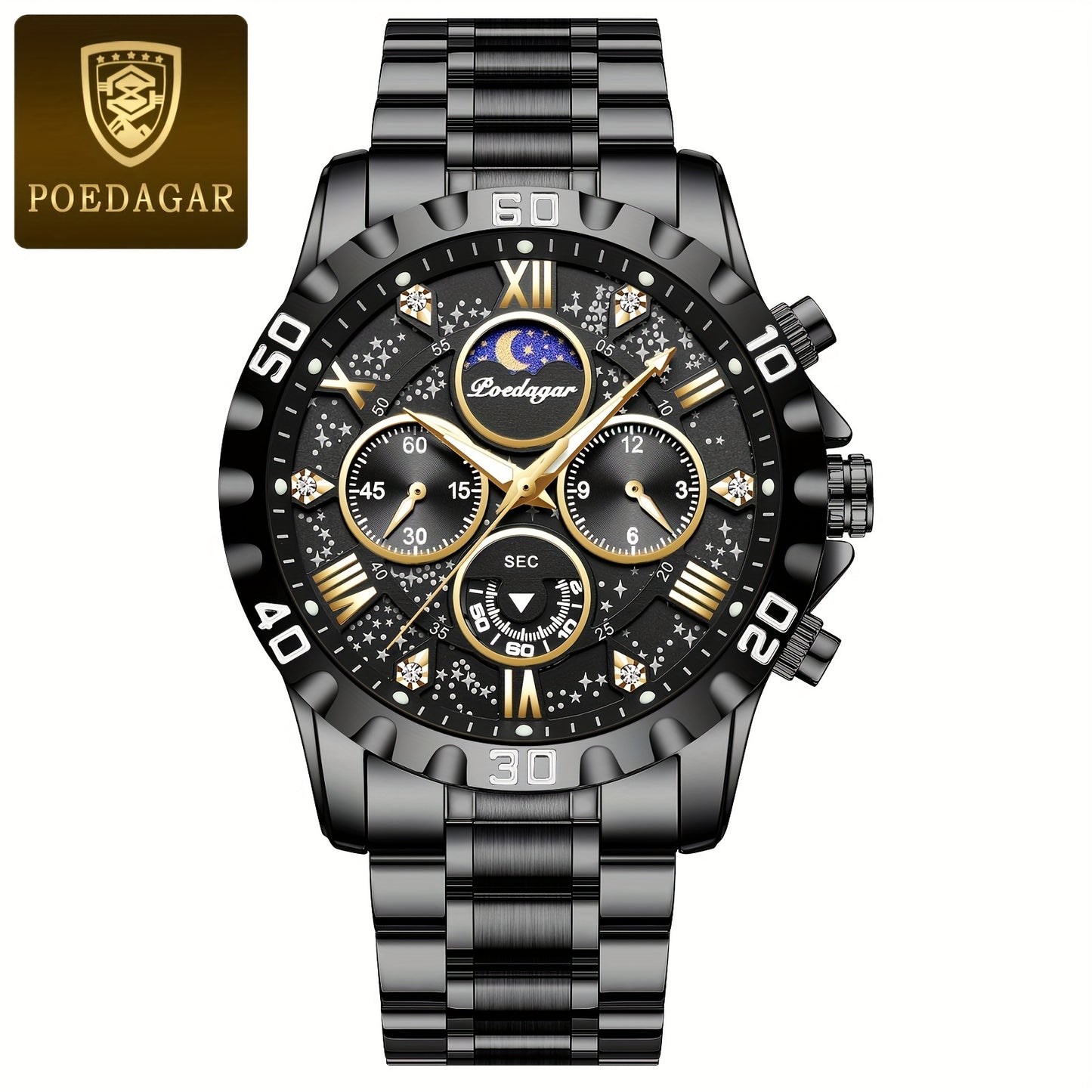 POEDAGAR Men'S Luxury Stainless Steel Quartz Watch with Moon Phase and Calendar - Waterproof, Night-Glow Hands, and Detailed Dial for Business and Formal Attire, Formal Watch | Detailed Watch Face | Quartz Movement