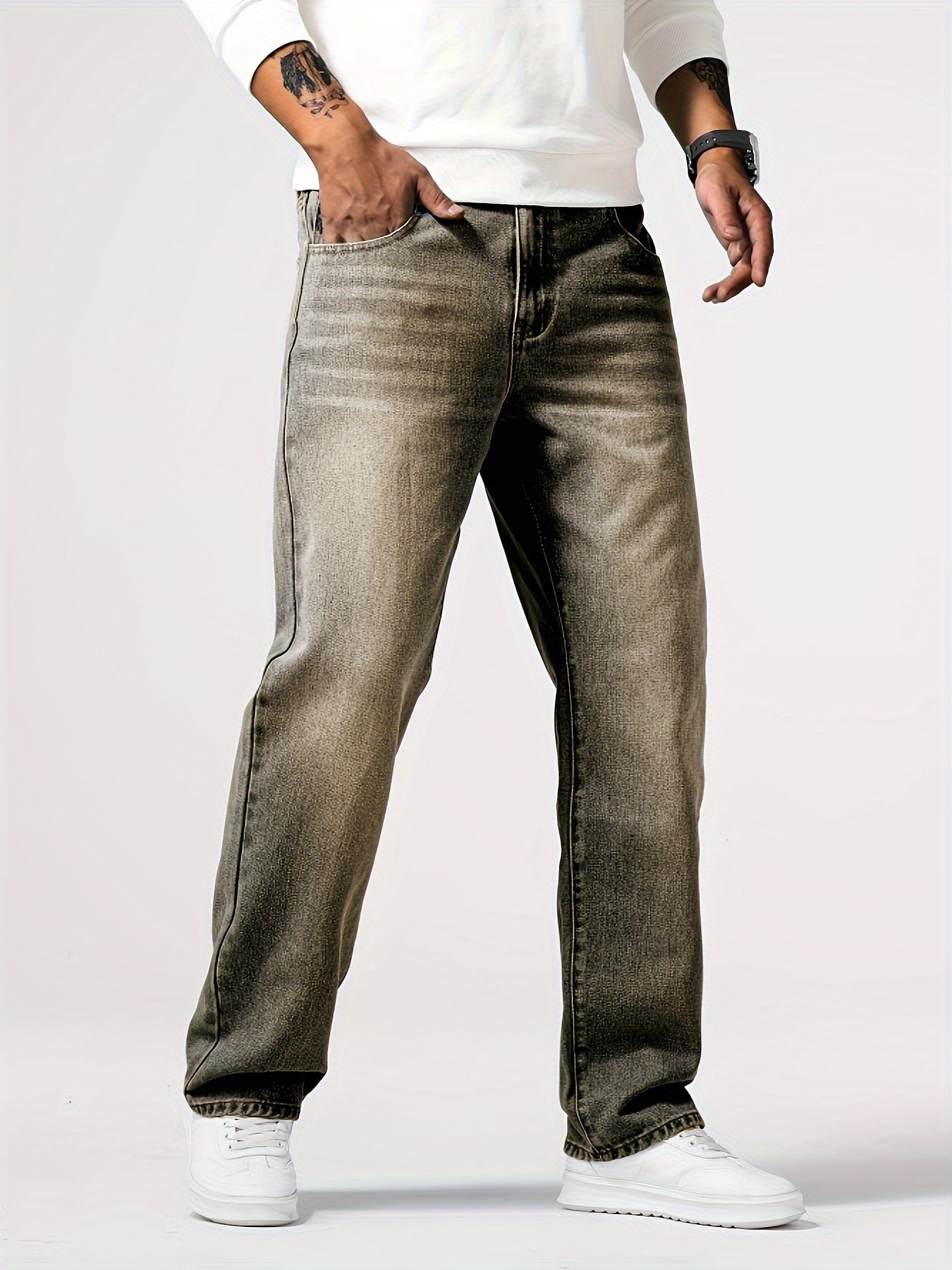 Men'S Loose Fit Straight Leg Jeans, Cotton 85% Polyester 15% Denim, Washed Solid Color Casual Style