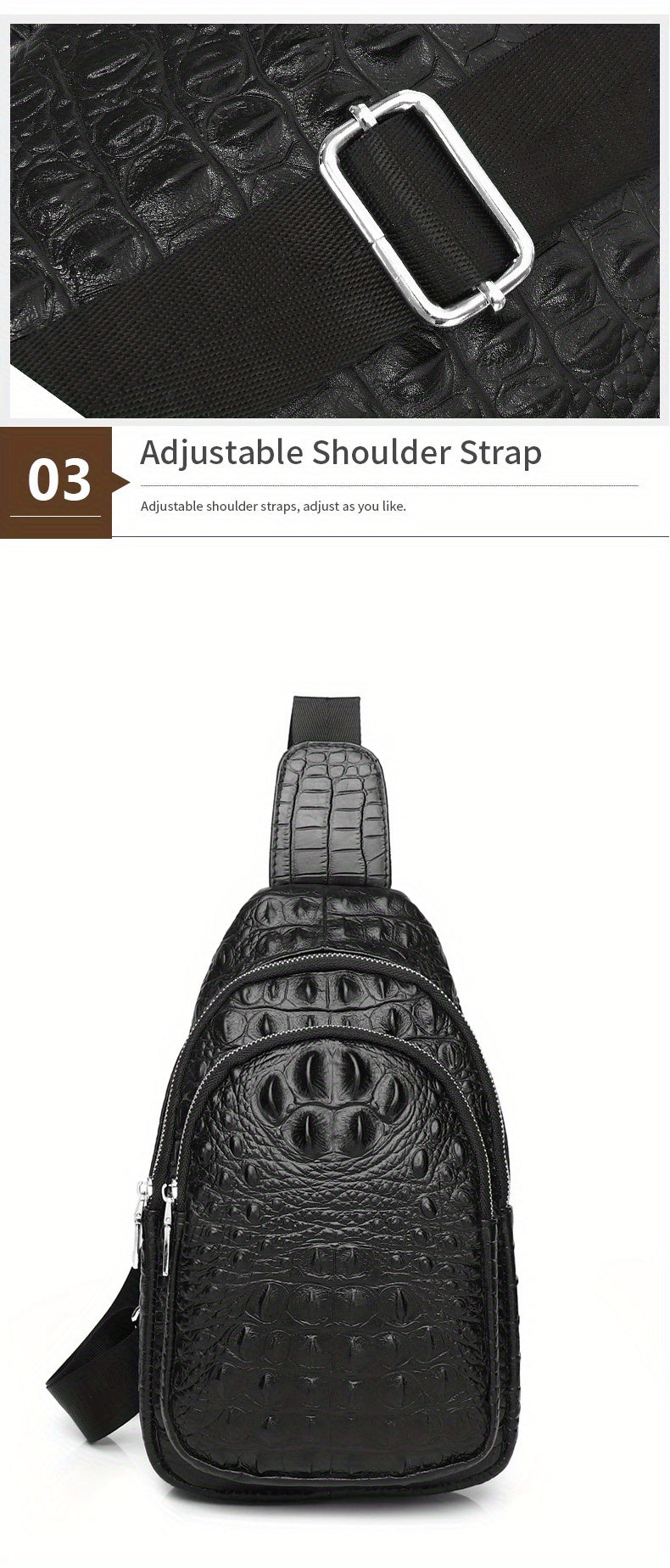 SCHLATUM Genuine Leather Crocodile Pattern Sling Bag - Black, Large-Capacity Multifunctional Crossbody Backpack for Travel, Sports & Camping, Stylish Zipper Closure Design