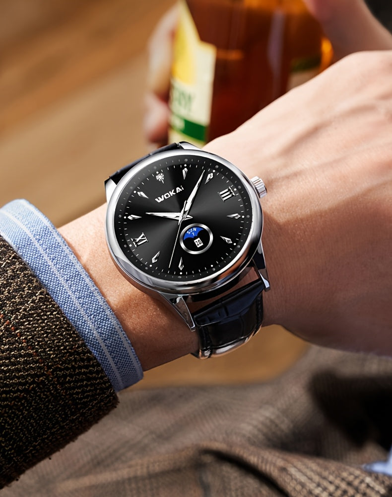 WOKAI Men's Sporty Watch with Glowing Dial, World Time & Date, Round Plastic Case, Faux Leather Strap, Battery-Powered, Perfect Gift for Spring & Summer