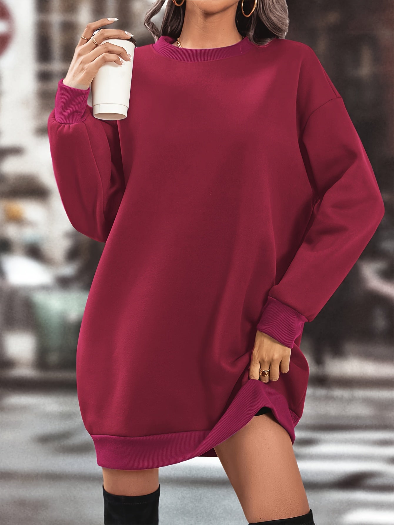 Elegant Women'S Fleece-Lined Sweatshirt Dress - Polyester Knit Fabric, Solid Color, Crew Neck, All-Season Loose Long Sleeve Casual Wear