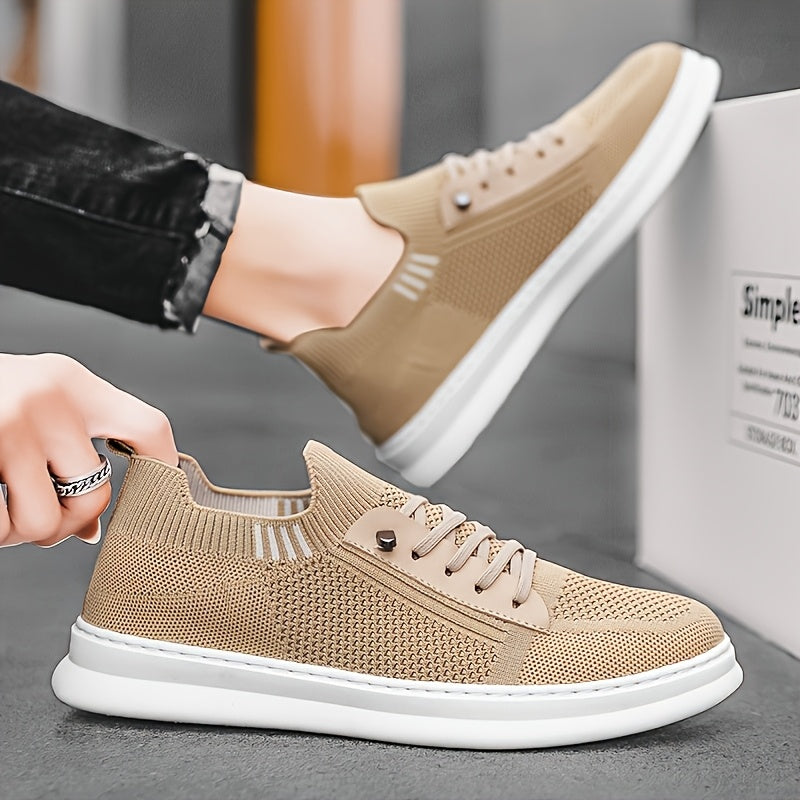 Men'S Breathable Knit Mesh Running Shoes - Anti-Odor Casual Sneakers with Soft EVA Sole, Round Toe Design & Low-Top Lace-Up for Jogging, Hiking, Outdoor & Daily Wear - Khaki/Black/Gray, Jogging Shoes