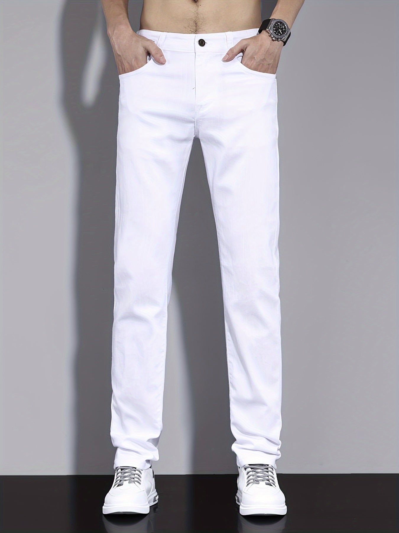 Men's Solid Washed Denim Trousers With Pockets, Causal Cotton Blend Jeans For Outdoor Activities