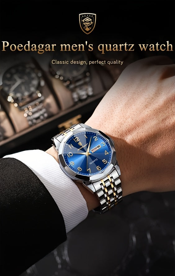 1pc BINBOND Men'S Fashion Watch, Luxury Dual Calendar Quartz Wristwatch, Business Style, Round Alloy Case, Stainless Steel Strap, Water-Resistant, Luminous Pointer Display, Battery Powered, Perfect for Valentine's, Christmas,