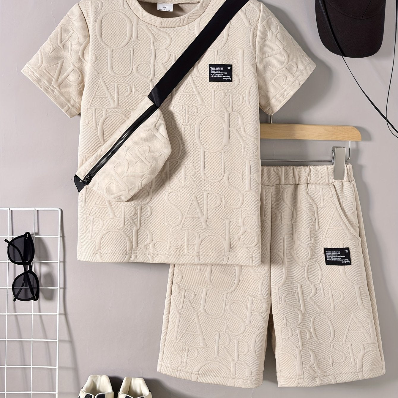 Boys' Stylish White Short Sleeve T-Shirt + Casual Shorts + Fashion Crossbody Bag Set, Perfect for Outdoor