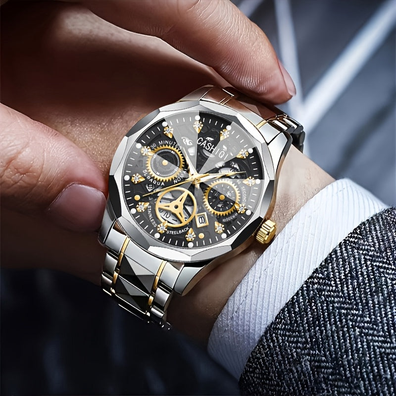CASHIQI Brand Men'S Steel Strap Quartz Watch with Rhombus Dial, Sparkling Decoration, Calendar, And Luminous Display, IPX7 Waterproof Hollow Quartz Watch for Business, Travel, And Casual Wear - A Perfect Gift Choice.