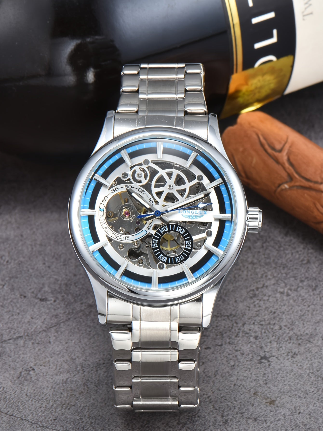 Men's Business Leisure Automatic Mechanical Watch, Stainless Steel with Blue Accents, Transparent Back, Date Display, Water-Resistant up to 10m, Ideal Gift, Business Watch | Mechanical Aesthetic | Stainless Steel Band