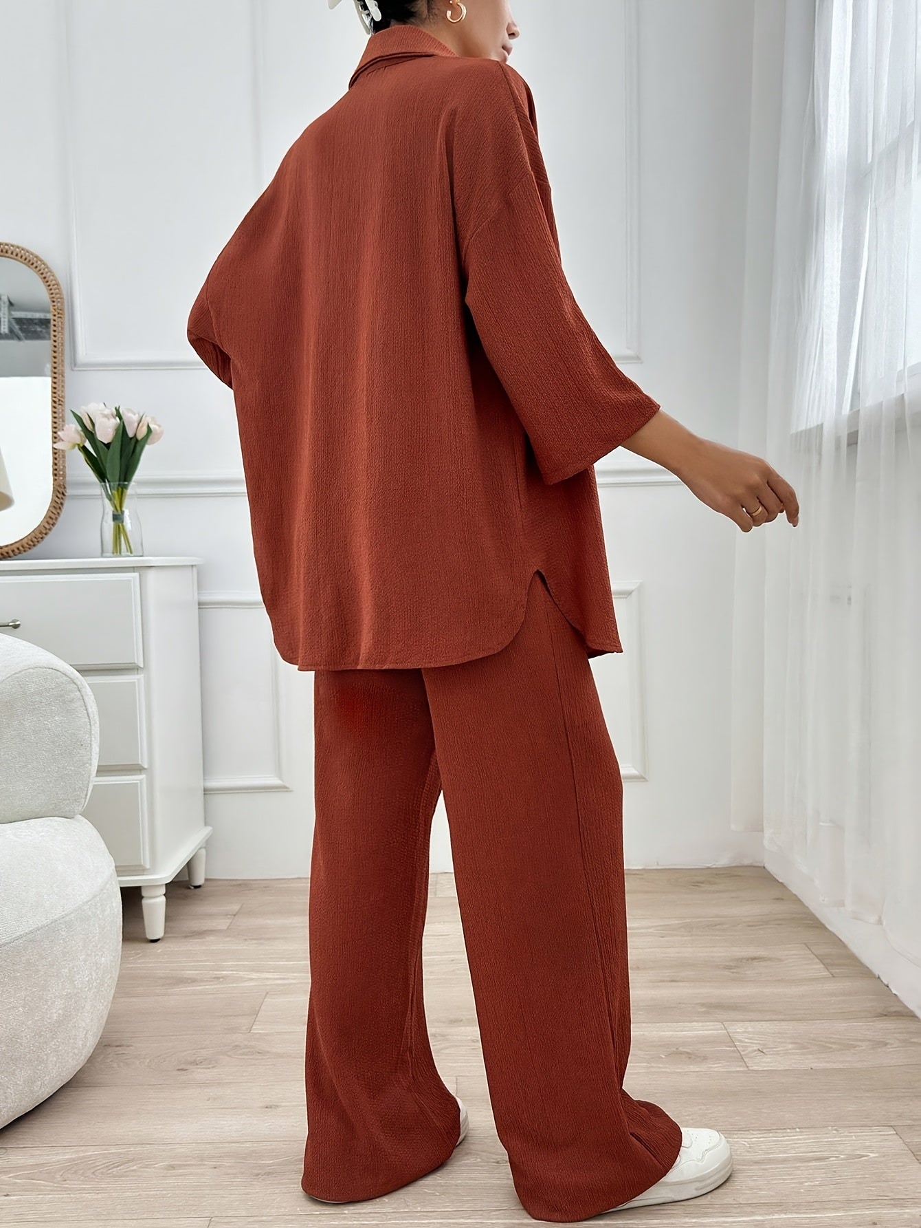Women'S Elegant Two-Piece Beige Casual Suit - Cropped Top & Wide-Leg Pants with Pockets, Perfect for All Seasons, Stylish Home Attire|Casual Attire|Pocketed Pants