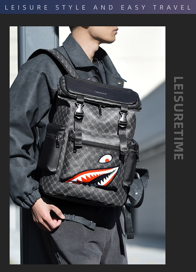 Men'S Stylish Black Backpack with Shark Graphic - Lightweight, Large Capacity, Multi-Functional Shoulder Bag for Travel, Commuting, School - Durable PVC Material, Sports & Fitness Design, Backpack for Travel