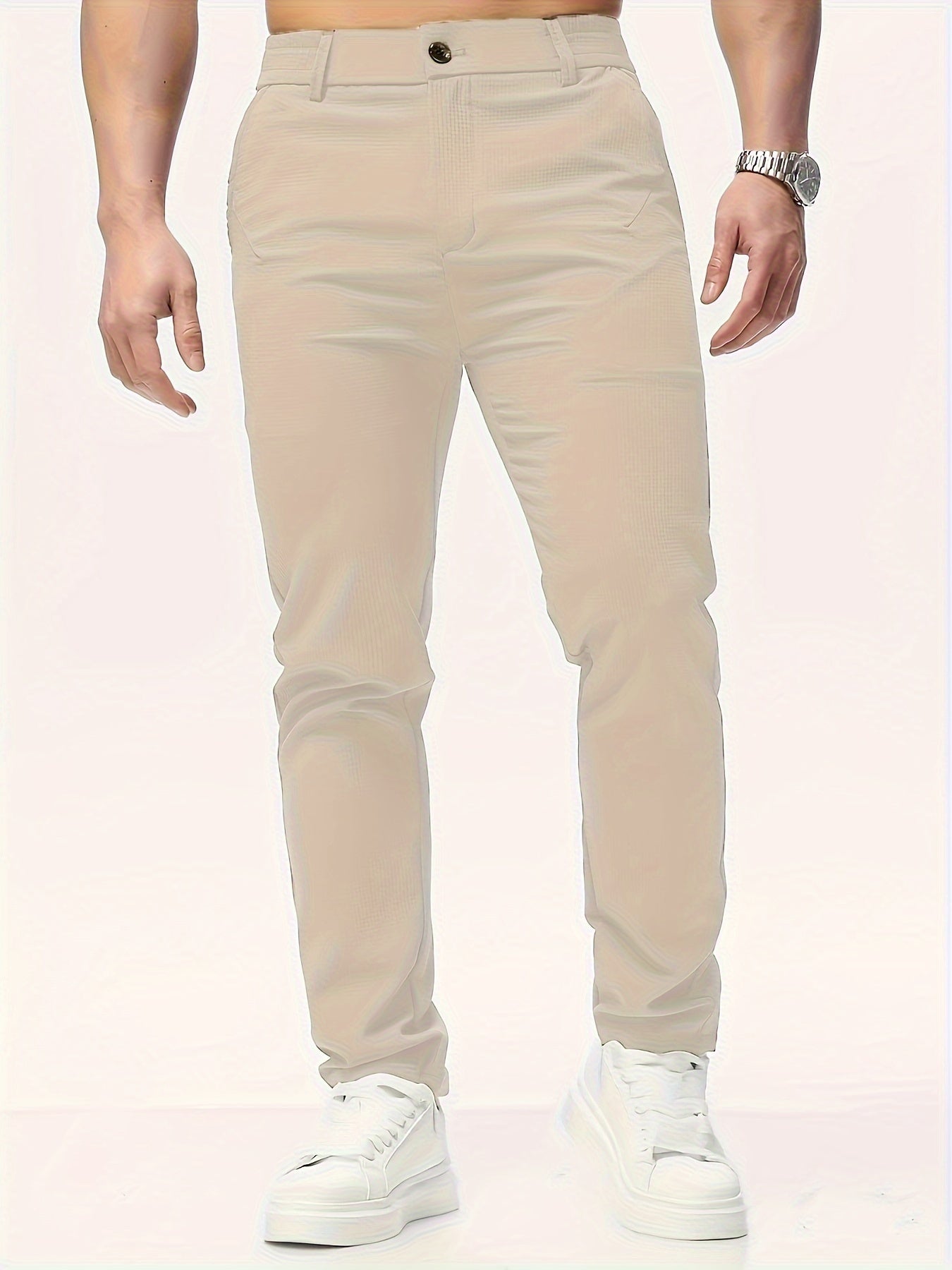 Men's Casual Solid Color Pants - Polyester, Machine Washable, Button Detail, Regular Fit for All Seasons