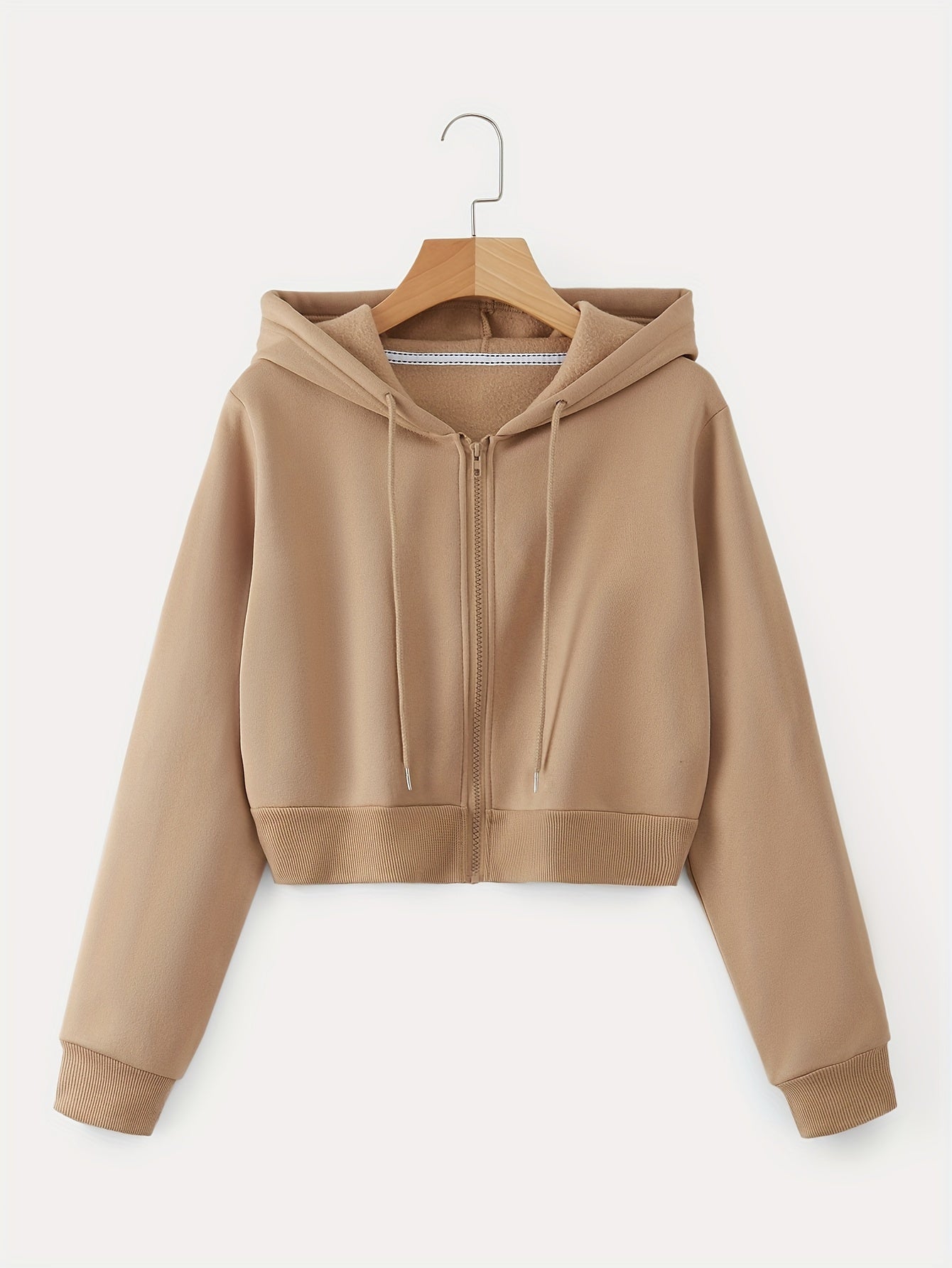 Zip Up Cropped Drawstring Hoodie, Casual Long Sleeve Sweatshirt For Spring & Fall, Women's Clothing