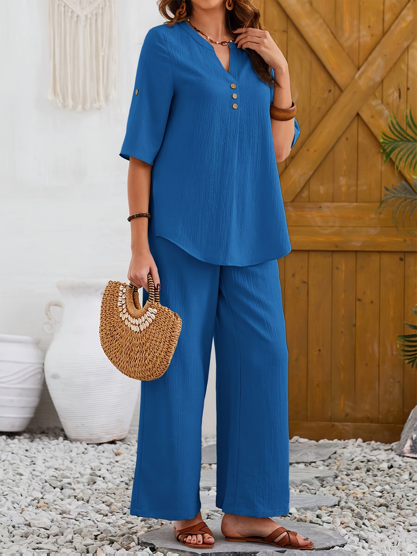 Women'S Large Size Elegant Wide Leg Pants Short Sleeve Top Set with Fake Buttons, YUKIWI