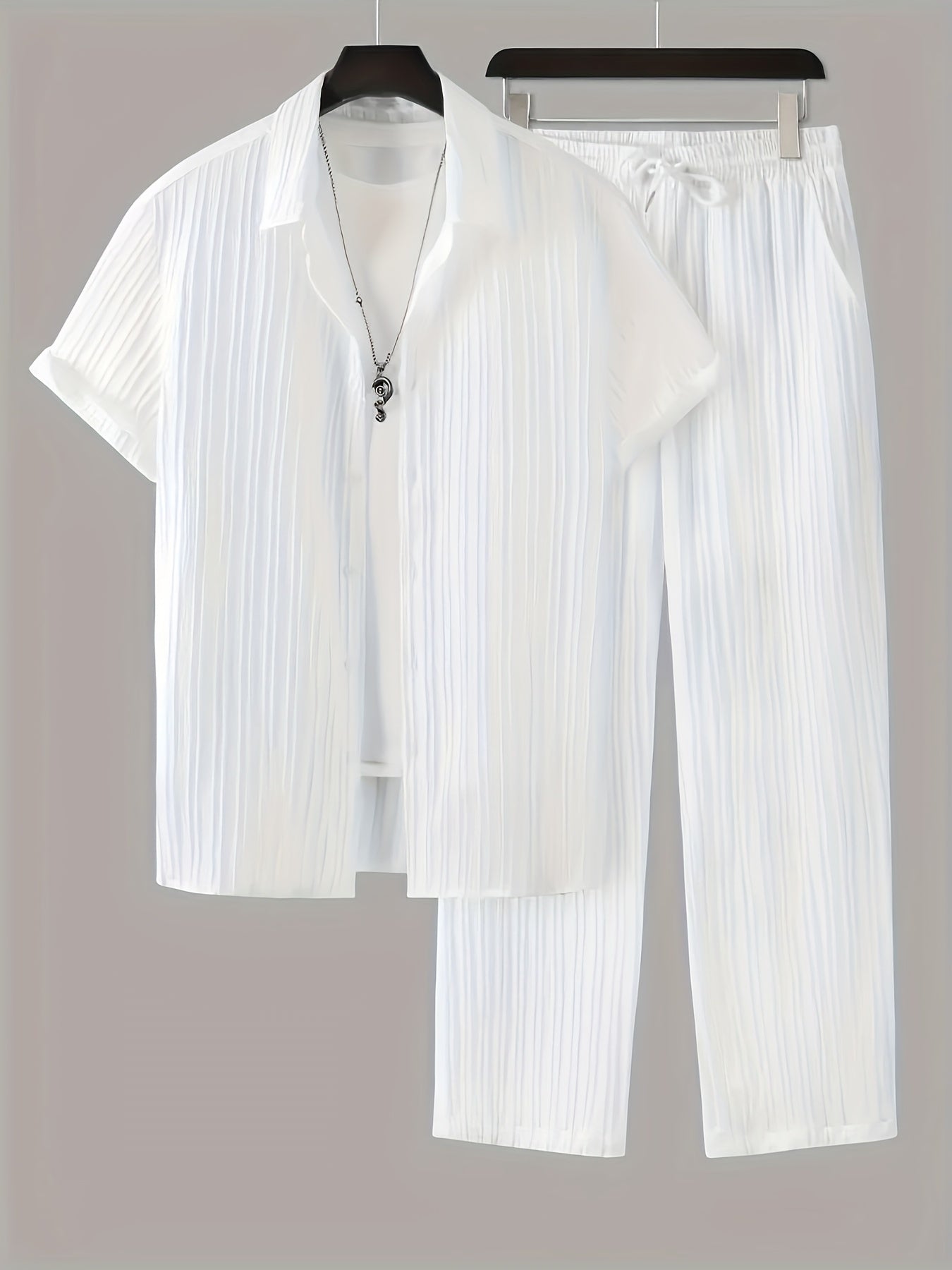 New Men's Short-Sleeved Cardigan Turnover Collar Shirt and Trousers Home Leisure Outerwear Set Men's Fashion Striped Style