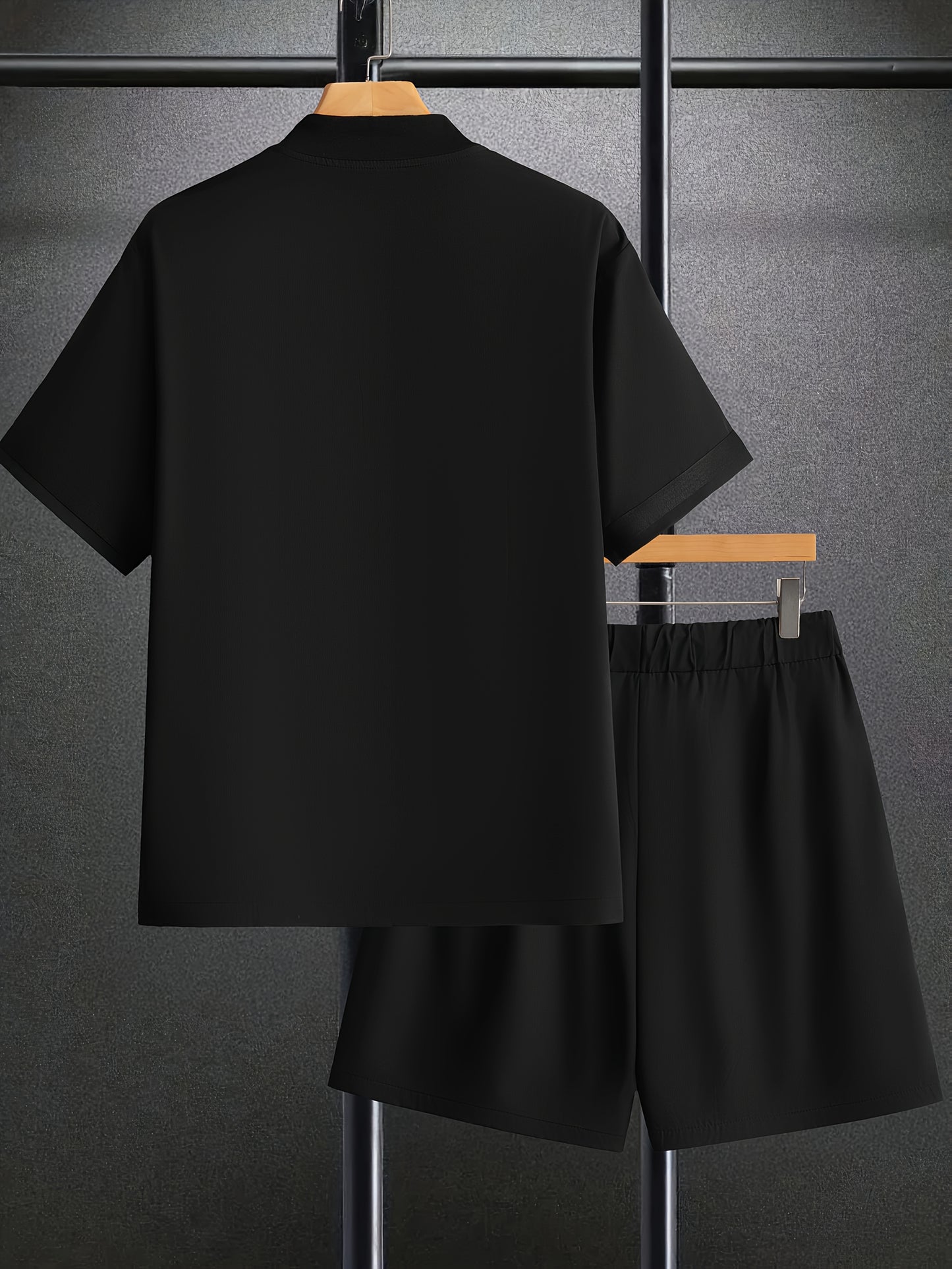 Men's Chicago Letter Print Casual Short Sleeve Baseball Shirt with Printed Webbing + Drawstring Shorts Two-Piece Set