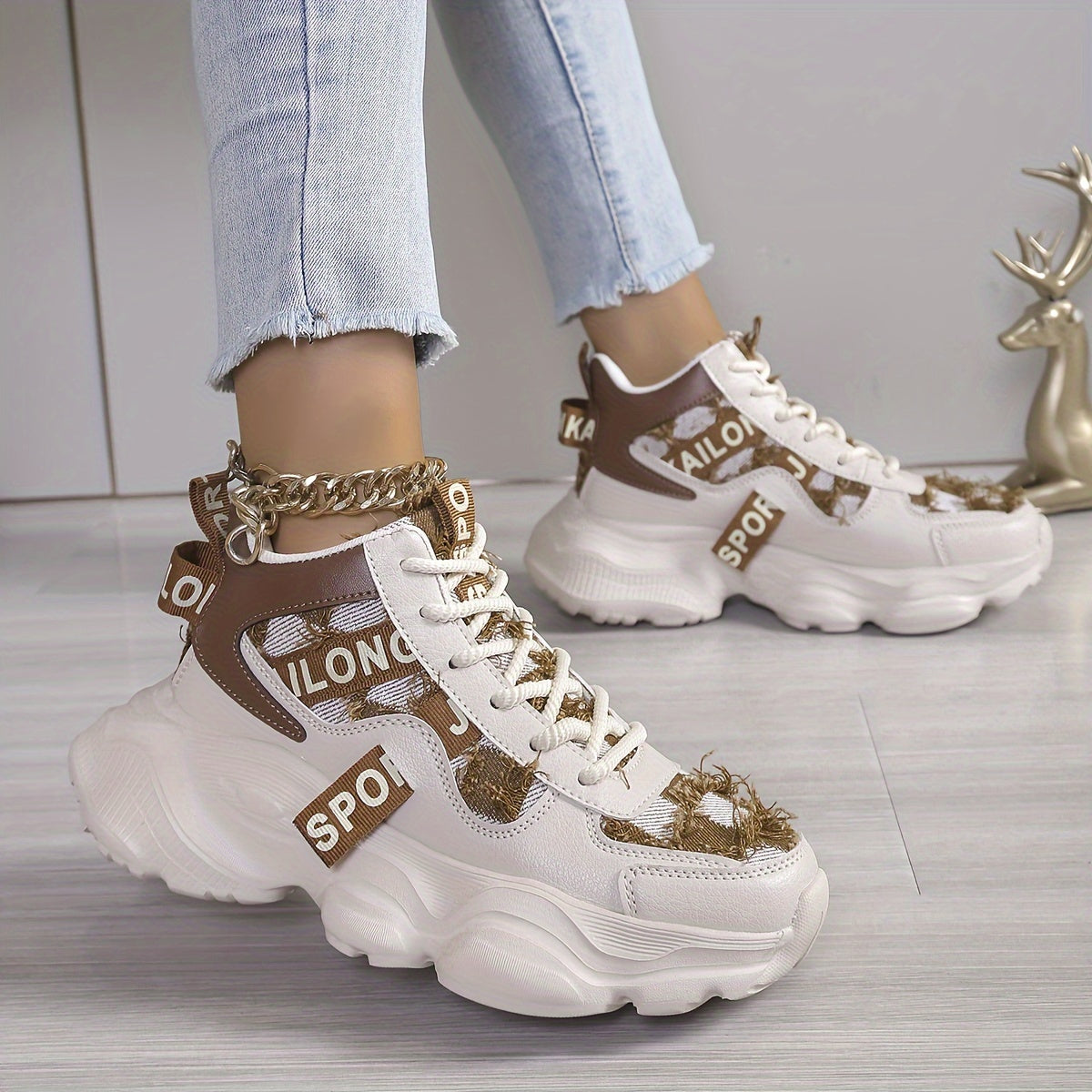 Women'S High-Top Fashion Sneakers with Plaid Pattern, Lightweight EVA Sole, Lace-Up Closure, Fabric Insole, and Tassel Embellishment - All-Season Sports Shoes with Random Printing Design, Ladies Sneakers