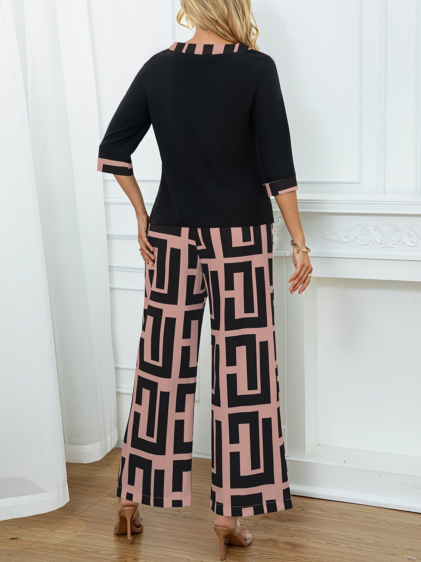 Women's Elegant Spliced Round Neck Top + Geometric Print Wide-Leg Pants Two-Piece Set