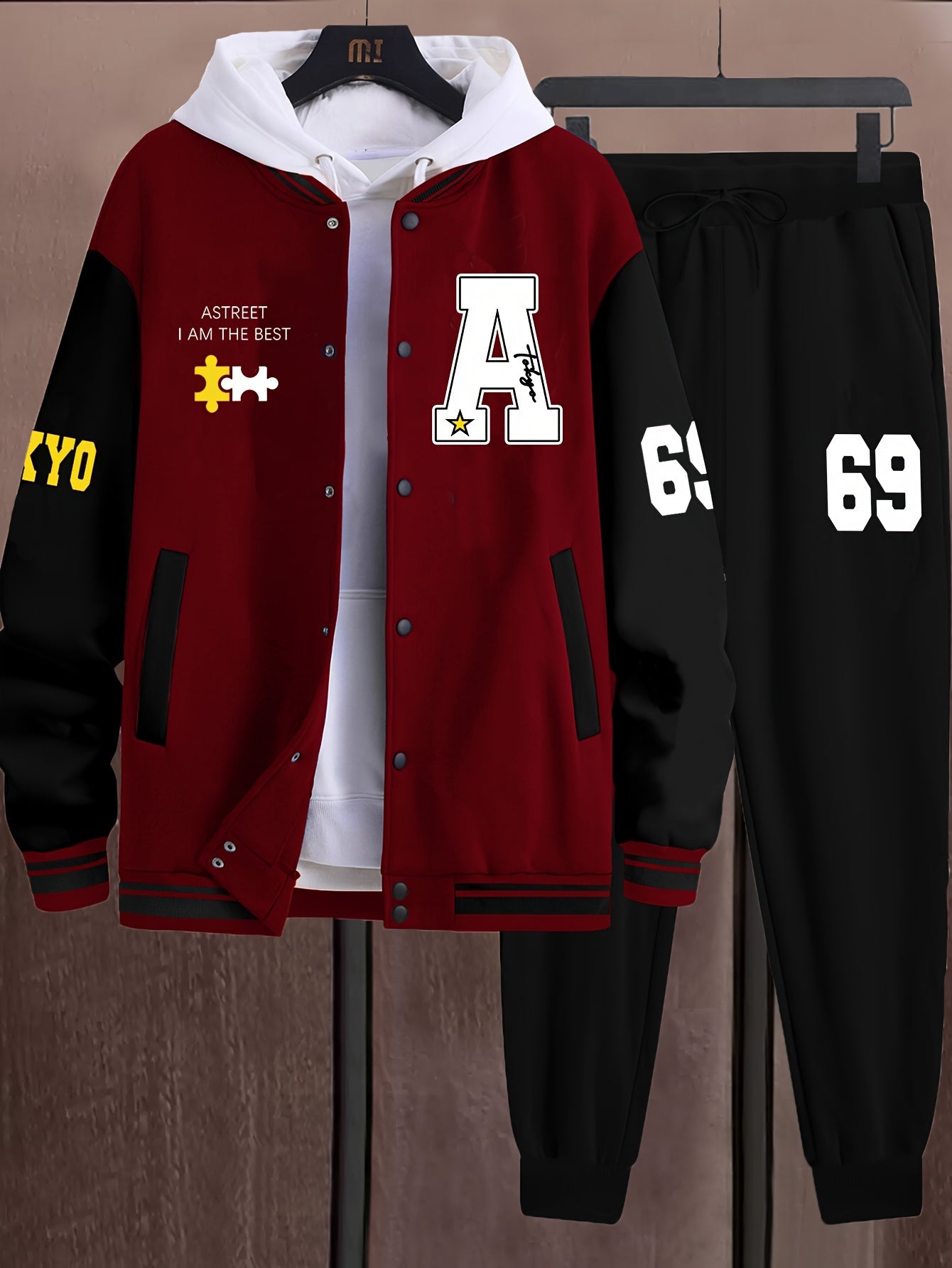 Athleisure Essential, Men's Casual 69pcs Set: Color Block Varsity Jacket & Joggers with A-69 Print - Polyester, Baseball Collar, Pockets - Perfect for Fall/Winter