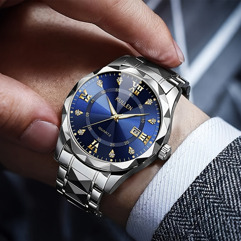 Men's Stylish Business Quartz Watch with Stainless Steel Strap & Alloy Case, Round Blue Dial with Golden Accents – Elegant Analog Display for Formal Occasions, Valentine's Day, Thanksgiving, and Ramadan Gifts