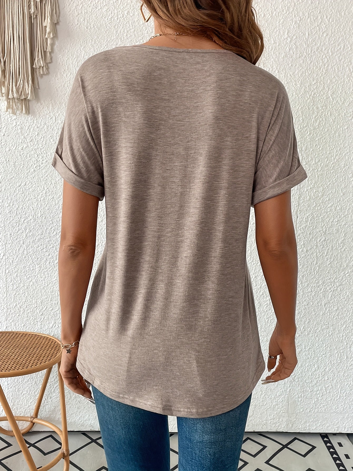 Women's Casual V-Neck Batwing Sleeve T-Shirt - Soft Breathable Top, Machine Washable, Versatile Spring Summer Fall Wardrobe Essential