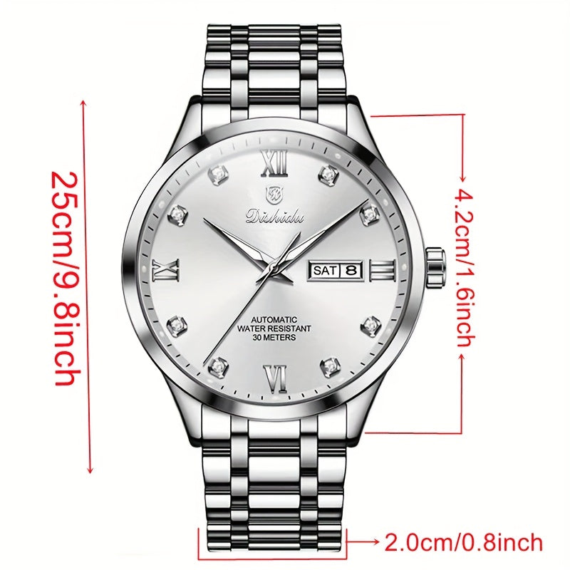 Elegant Men's Stainless Steel Quartz Watch - Luxurious Golden-Tone Business Timepiece with Dual Calendar & Luminous Hands, Waterproof - Ideal Gift for Birthdays & Anniversaries