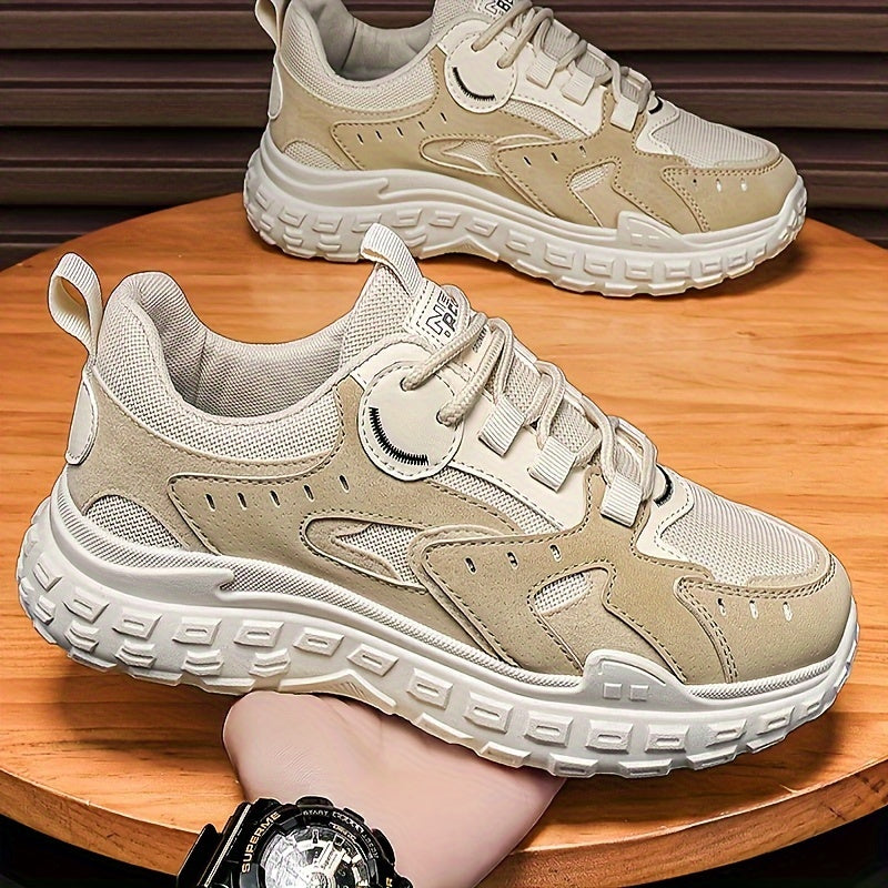 Men's Trendy Chunky Sneakers - Breathable Mesh & PU Upper, Durable PVC Sole, Lace-Up Casual Sneakers in Gray, Black & Orange, All-Season Comfort for Casual Attire
