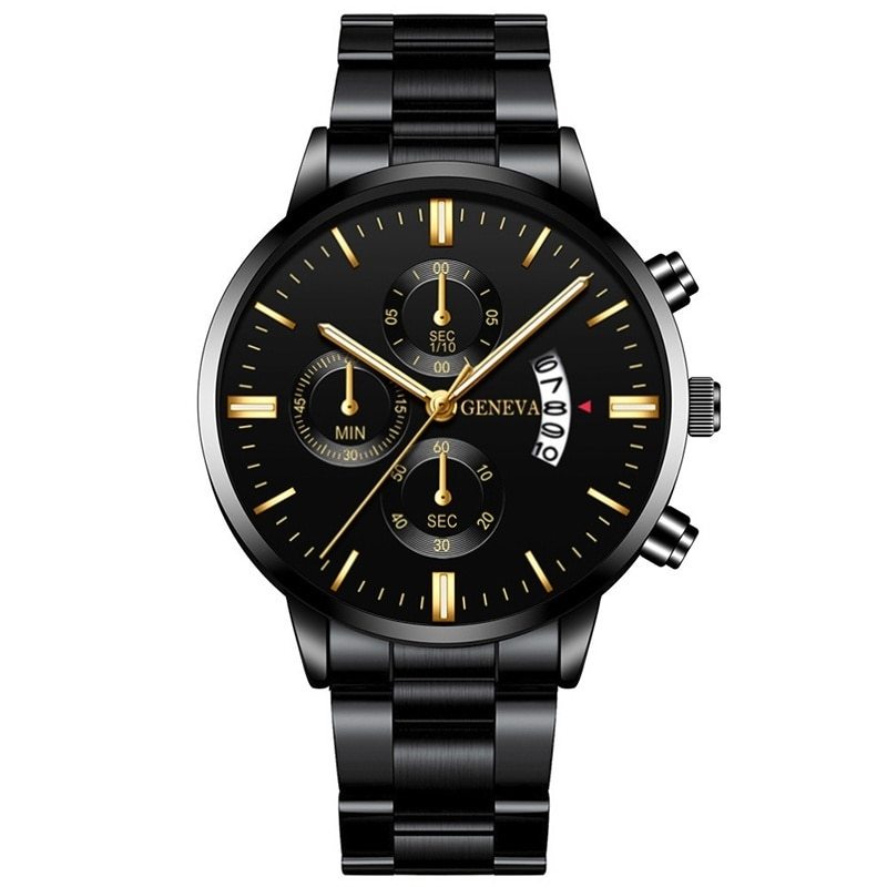 Men'S Luxury Black Stainless Steel Quartz Watch with a Date Feature, Ideal for Business Occasions.