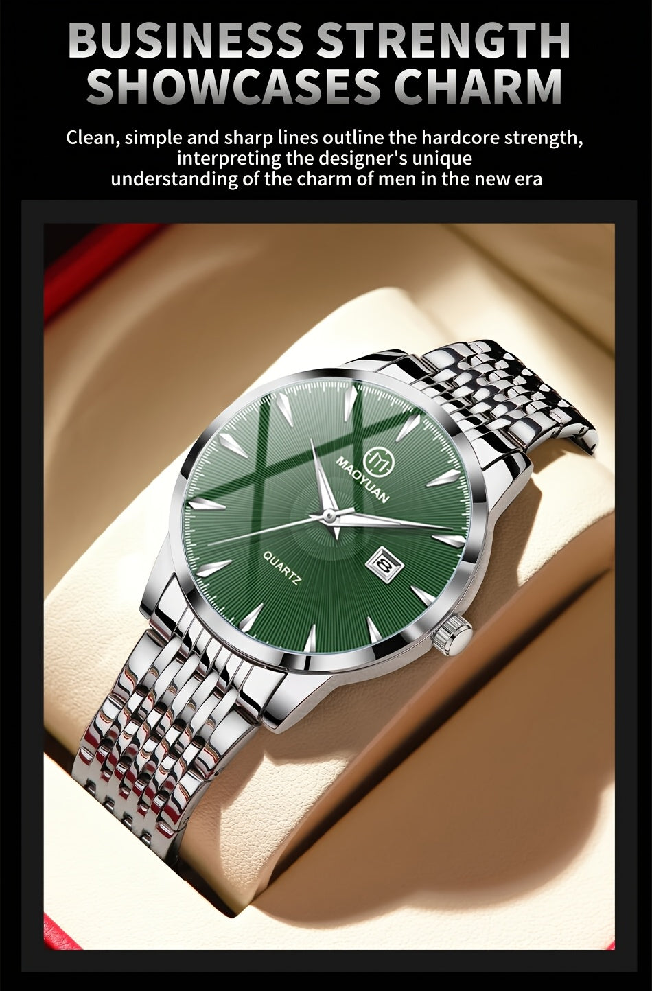 MAOYUAN Men'S Luxury Stainless Steel Quartz Watch with Date Display and Luminescent Hands - Elegant Green Dial, Metal Bracelet, Perfect for Business and Casual Attire, Ideal Gift for Men, Casual Watch | Elegant Watch | Quartz