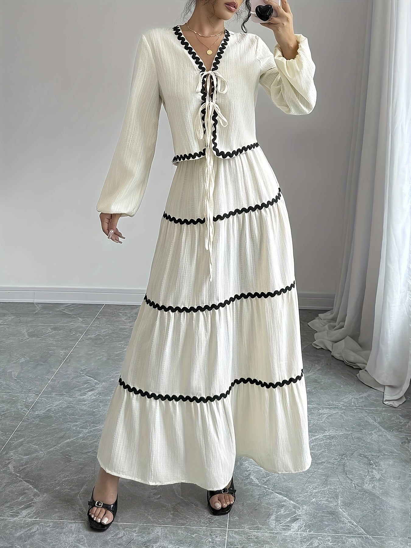 Spring-Summer Temperament Fashion Black Trim V-Neck Two-Piece Set with Tie Strap Long Sleeve Top and Skirt for Women