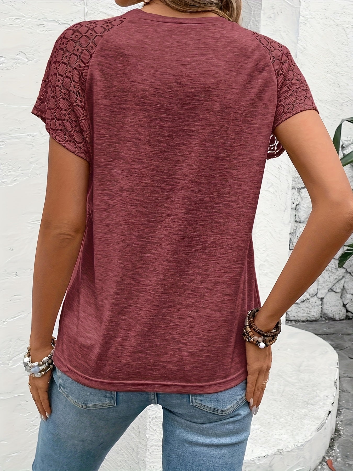 Women's Elegant Solid Color Lace Sleeve T-Shirt - Summer Casual Chic Blouse with Breathable Fabric, Machine Washable, Versatile for Casual & Formal Outfits, Cropped Tee Style | Soft Texture Top, Ladies T Shirts