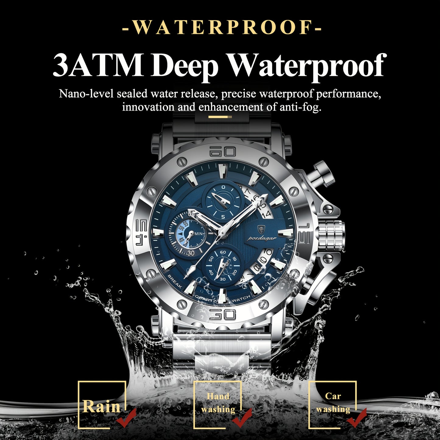 POEDAGAR Men'S Luxury Stainless Steel Business Watch with Date Display, 3ATM Blue Dial, Rotating Bezel, Alloy Case, Quartz Movement - Elegant Formal Accessory, Formal Accessory|Luxurious Watch|Quartz Movement Watch