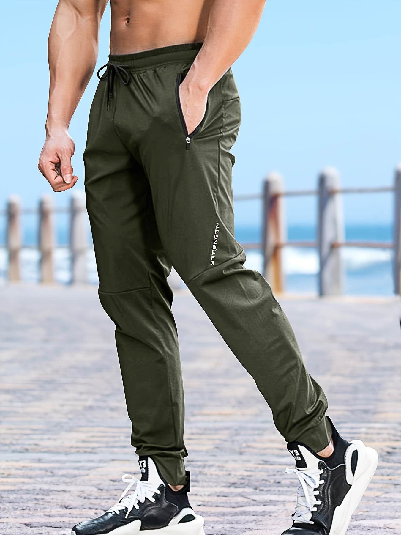 Men's Casual Athletic Pants - Stretch Polyester, Side Zipper Detail, Drawstring Waist, Green Joggers with Pockets for Sports & Leisure
