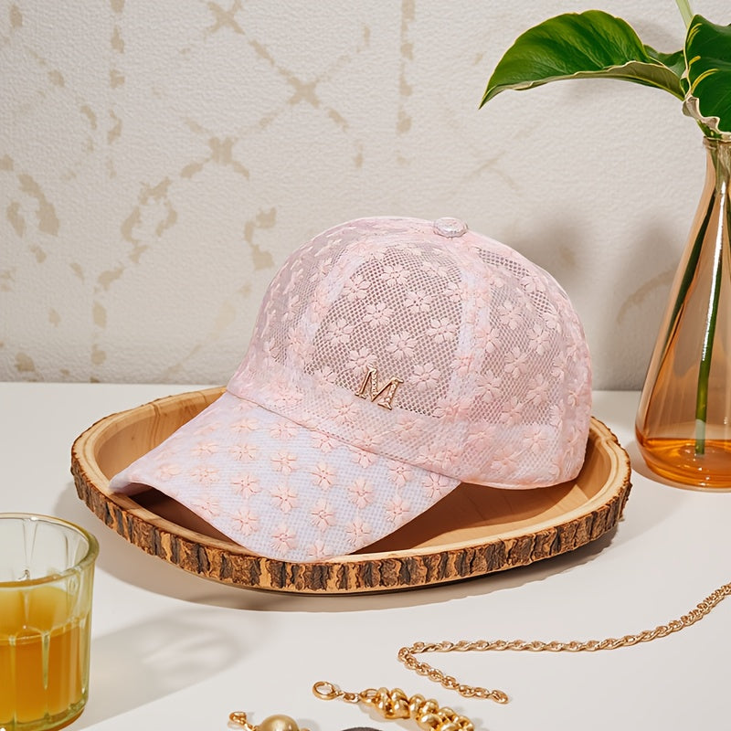 Women's Floral Lace Baseball Cap with Breathable Mesh Back & Embroidered 'M' Detail - Adjustable Snapback Closure, Lightweight Design for Valentine's Day, Casual Outings, City Travel, Outdoor Activities Hat, Embroidered Detai