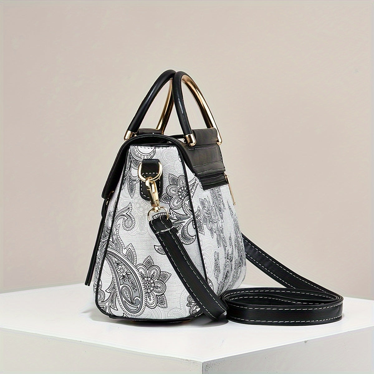 Elegant Floral Print Women'S Crossbody Bag with Magnetic Closure, Adjustable Strap, and Metal Swan Heart Charm, Synthetic Faux Leather Shoulder Purse with Polyester Lining and Painted Edges, Ladies Bag