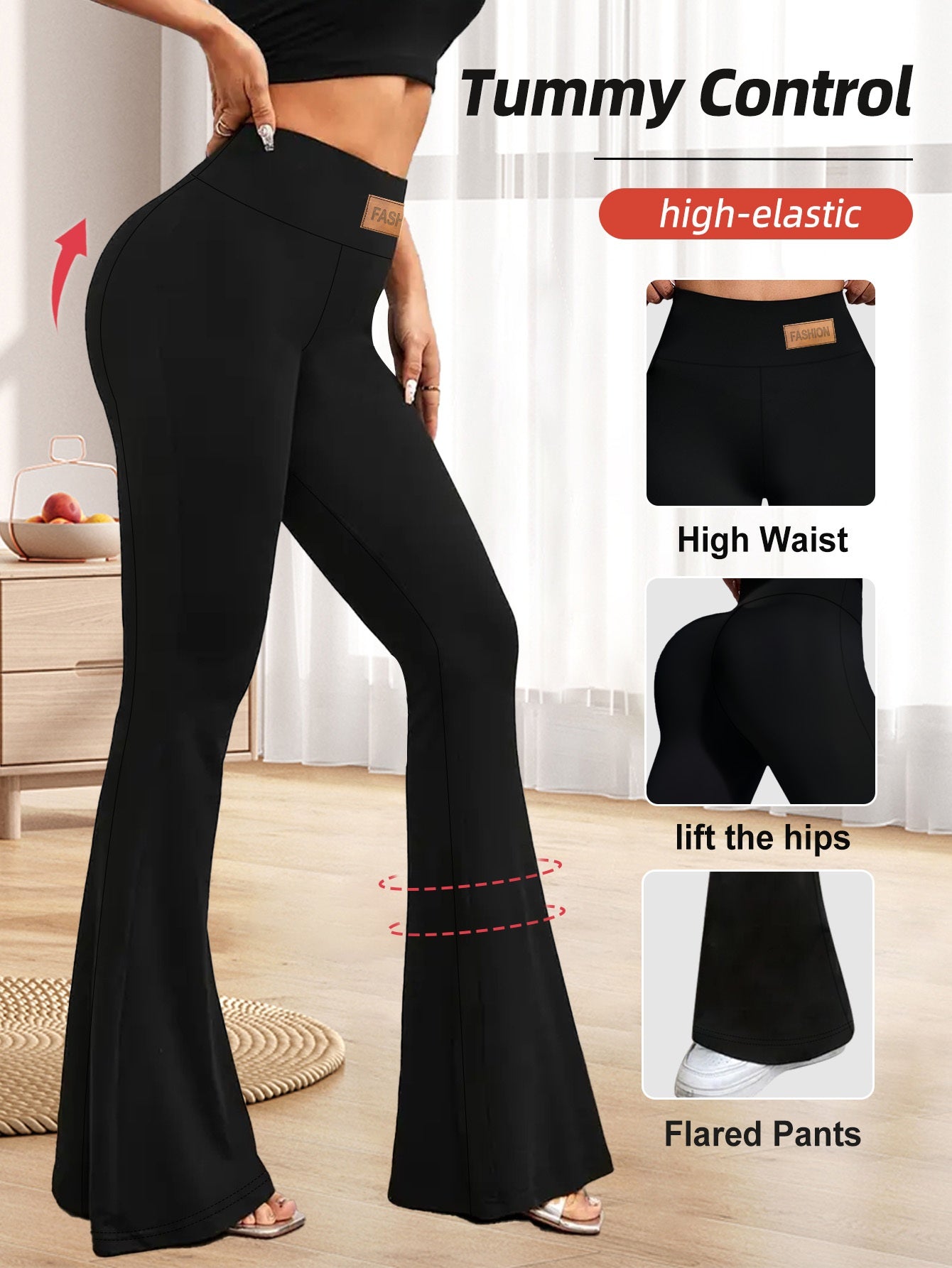 High-Waisted Flared Leggings for Women - Stretchy Black Polyester Pants with Tummy Control, Slimming Fit, and Breathable Design for Spring/Summer/Fall Casual Wear, Spring Summer Leggings | Fitted Leggings | Elastic Waistband
