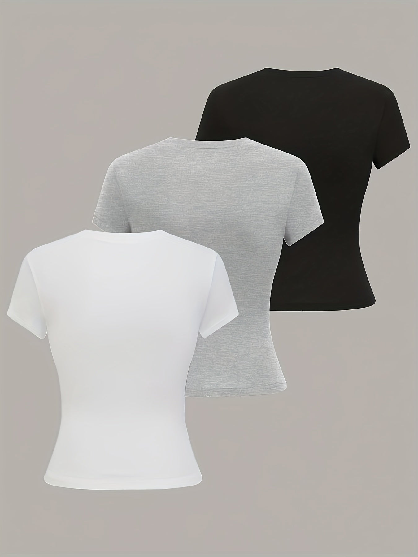 3pcs Women'S Basic Crew Neck Short Sleeve Crop T-Shirts in Black, White, and Gray - Slim Fit, Stretchy Polyester Blend, Cute & Versatile for Spring/Summer, Casual Outings, Vacation Attire | Basic Crop Top | Textur