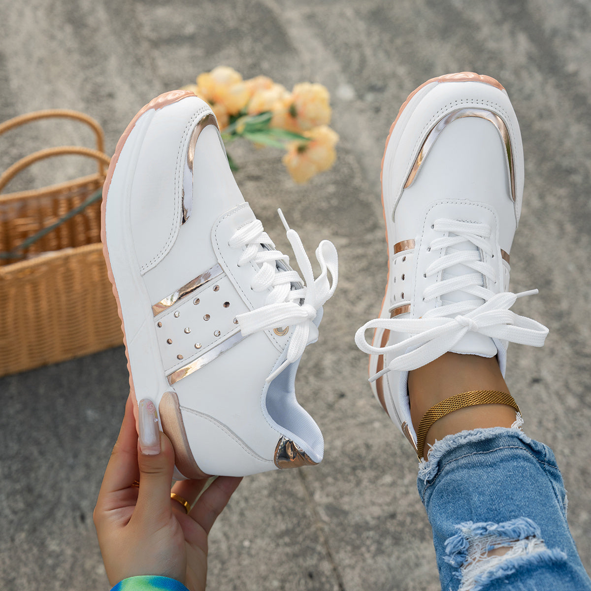 Women'S Chunky Platform Sneakers - Pastel Yellow & Pink Synthetic Cover Low-Top Lace-Up Shoes with Golden Accents, Breathable Fabric Lining, Durable PU Sole for All-Season Casual Wear, Ladies Sneakers, Comfortable Footwear