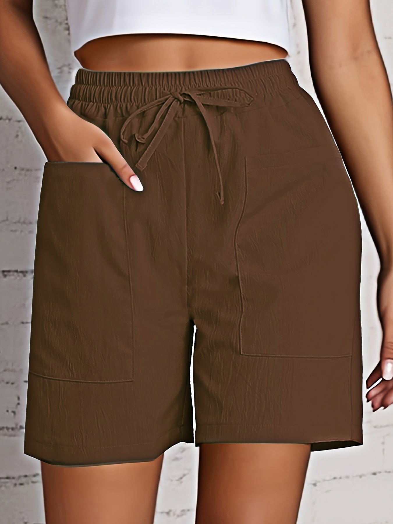 Women's Beige Cargo Shorts - Casual & Stylish, Solid Color with Drawstring Waist and Pockets, Polyester Blend, Machine Washable, All-Season Comfort
