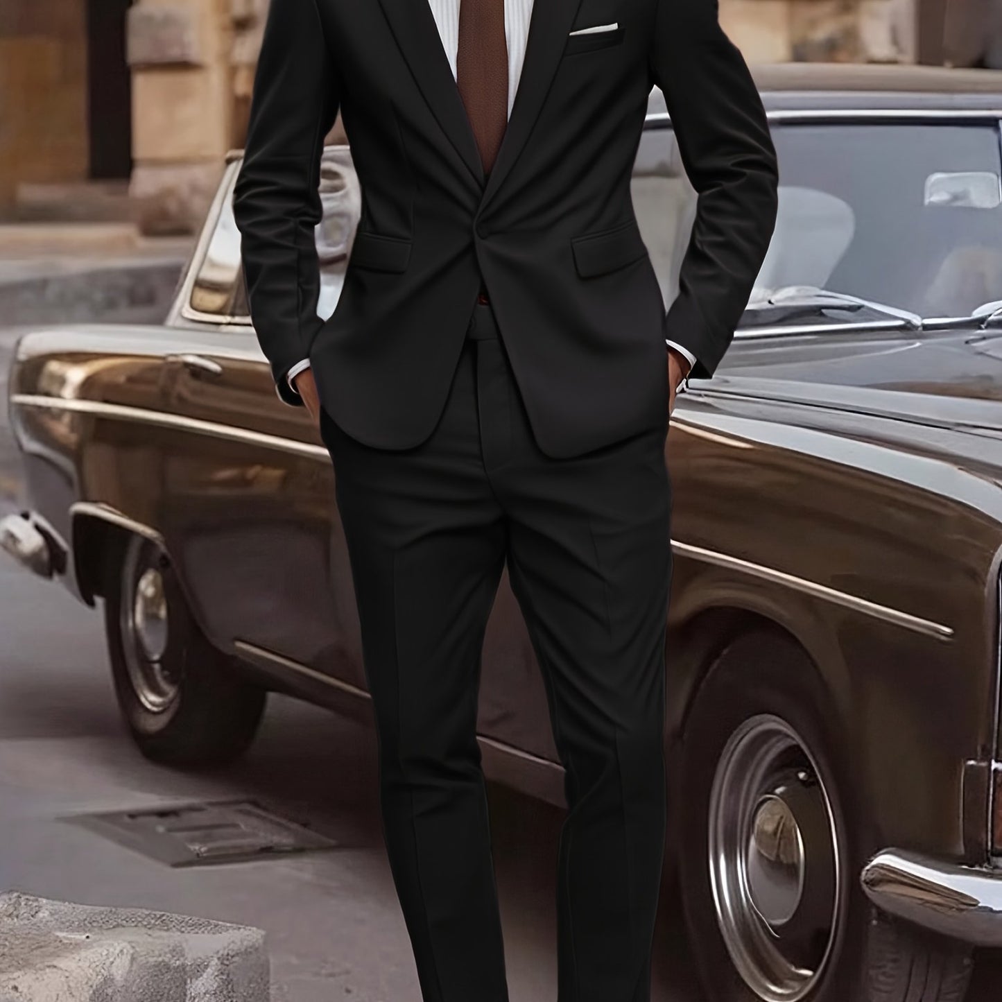 2pcs Men's Elegant Business Casual Suit Set - Includes Classic Lapel Blazer & Dress Pants, Polyester/Rayon Blend, with Pockets - Perfect for Weddings & Formal Occasions
