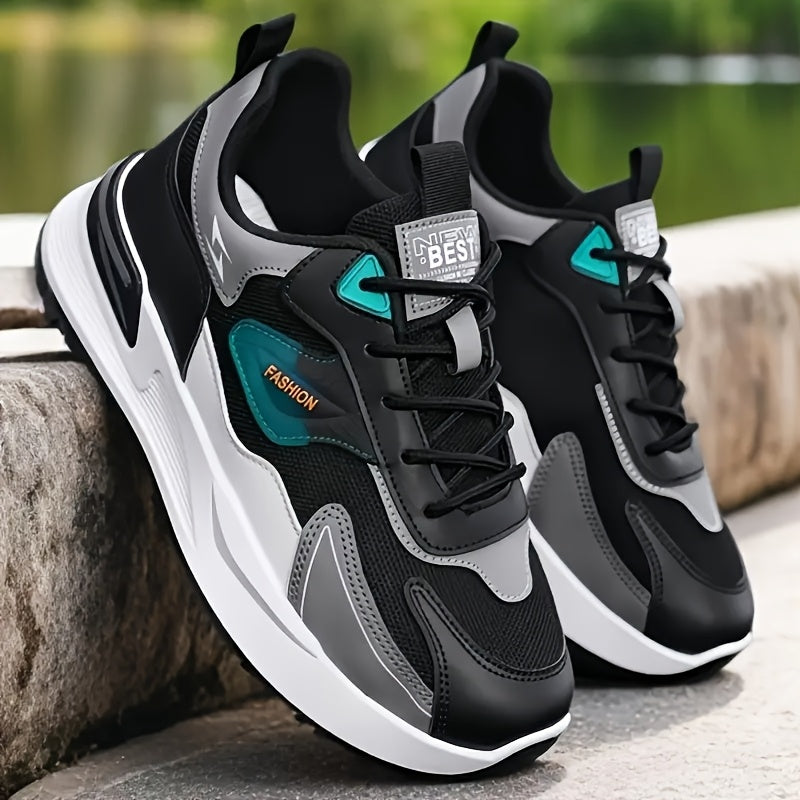 Men'S Breathable Running Sneakers with Gradient Design - Low-Top Lace-Up Casual Shoes, Durable PVC Sole, EVA Insole, Fashionable Black & White Patterns, Ideal for All Seasons Outdoor Activities