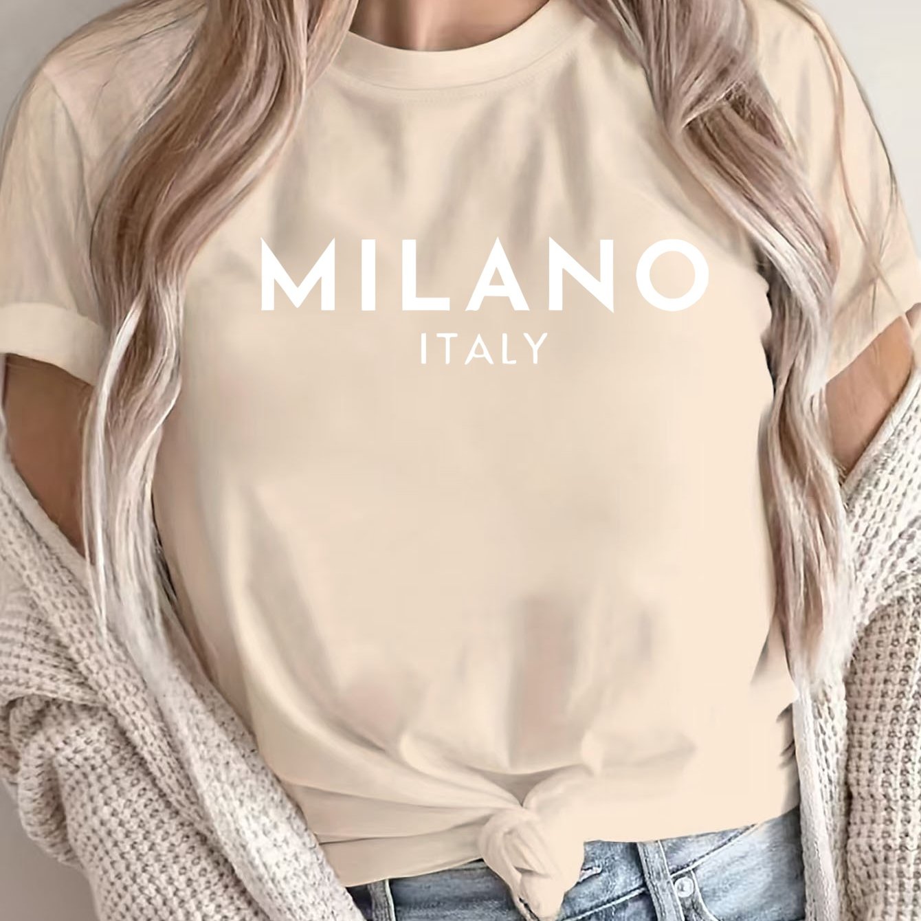 Women'S Casual Polyester T-Shirt with "Milano Italy" Letter Print, Short Sleeve Crew Neck Top, All-Season Knit Fabric Tee, Regular Length - 180gsm